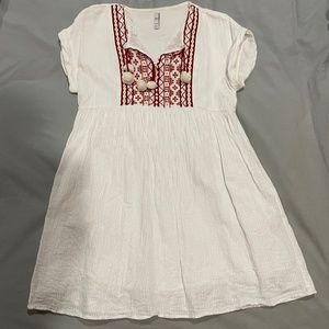 White Sundress with Red Embroidery, White Pom Pom Details